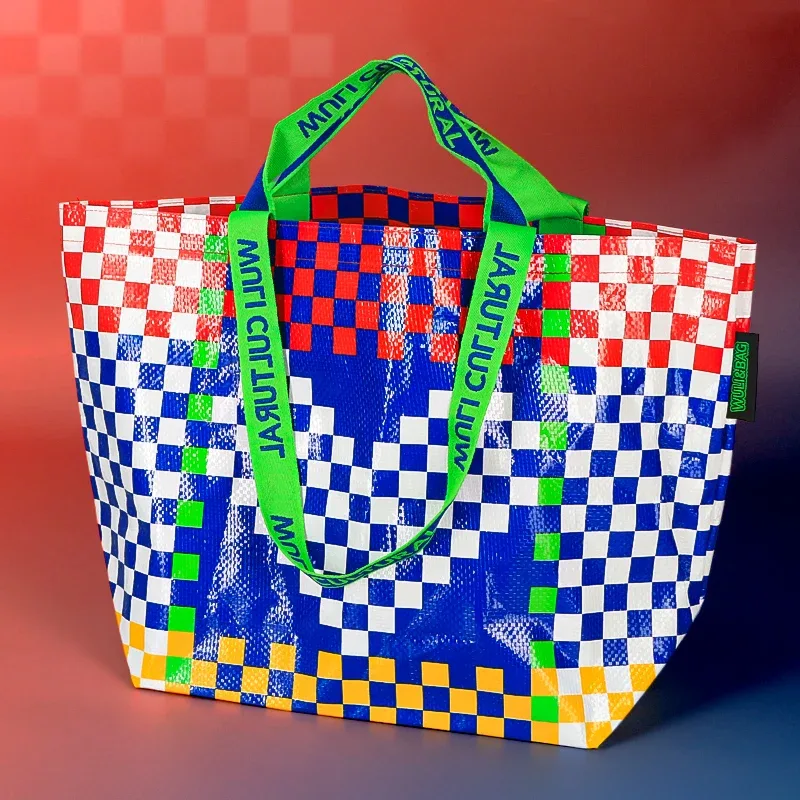 sac de courses tissé en pp, sac à bandoulière à motif à carreaux, fourre-tout réutilisable et étanche, sac à main portable pour voyage et épicerie