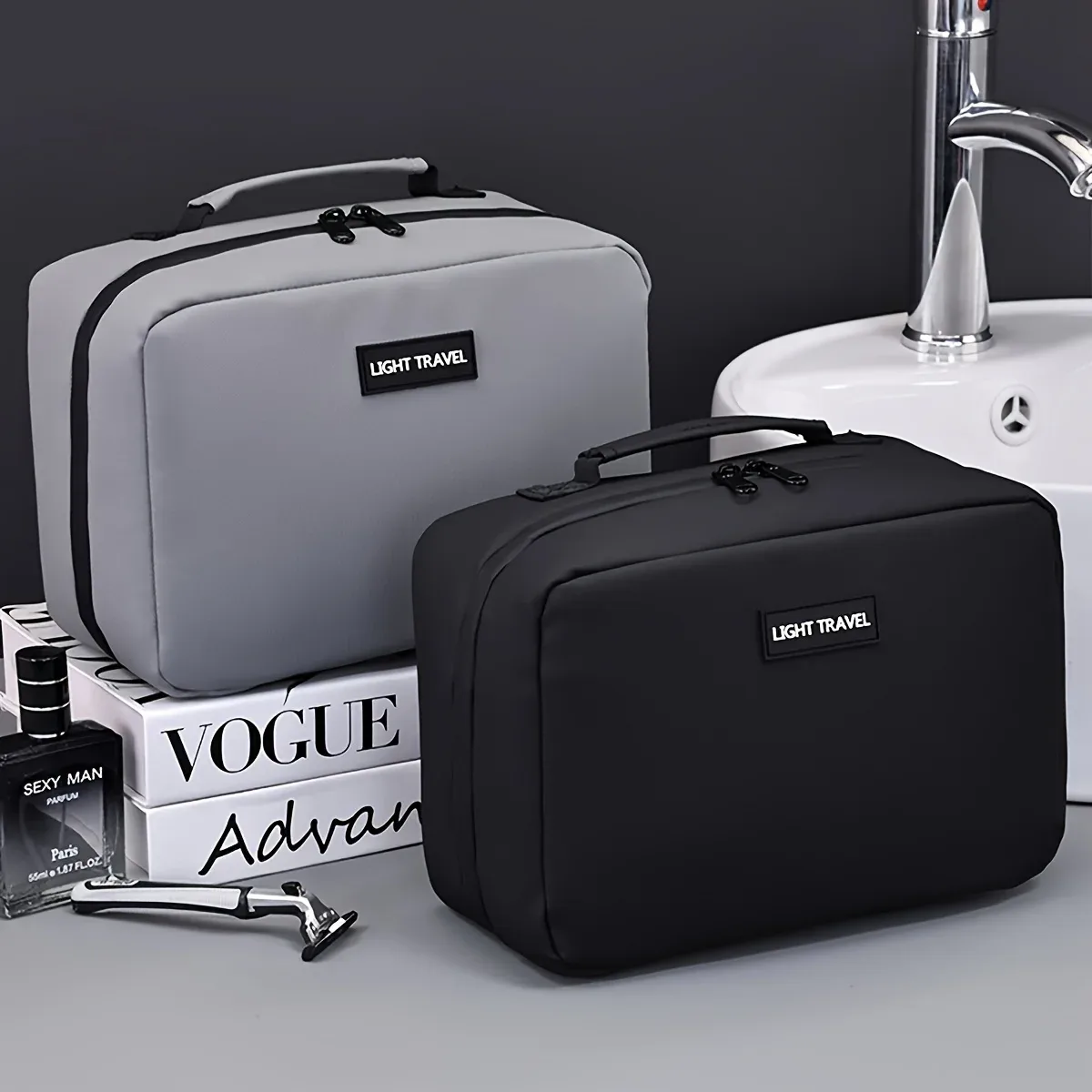 sac de rangement de maquillage à double ouverture pour hommes, sac de maquillage et de beauté portable à fermeture éclair, sacs de rangement de produits de toilette de voyage d'affaires