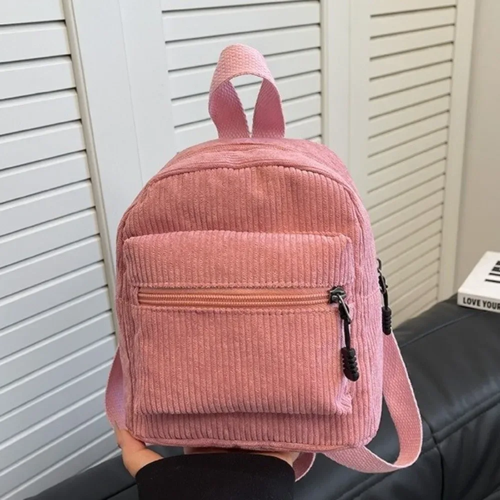 mini sac à dos rétro en velours côtelé de couleur unie, léger, avec fermeture éclair, double bandoulière, sac à dos vintage multi-poches, sac à dos de voyage décontracté