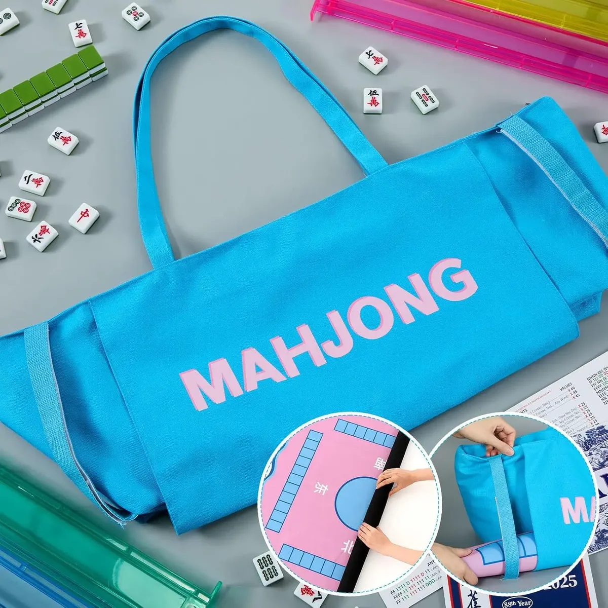 sac fourre-tout en toile, sac de transport portable pour tuiles de mahjong, sac à main pour tapis de yoga, sac à bandoulière de voyage, cadeau d'anniversaire ou de vacances pour femmes