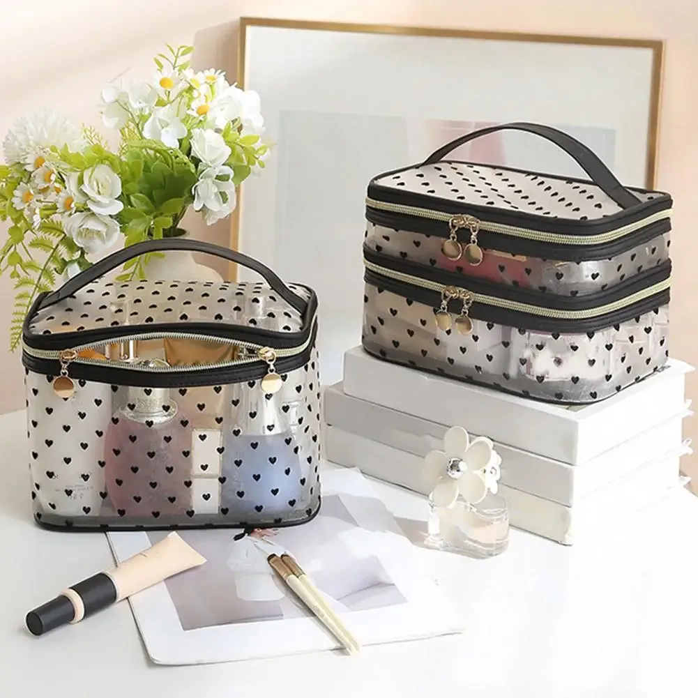 sac de maquillage en maille, organiseur de cosmétiques portable de voyage, double couche, grande capacité, trousse de toilette, étui de rangement pour femmes