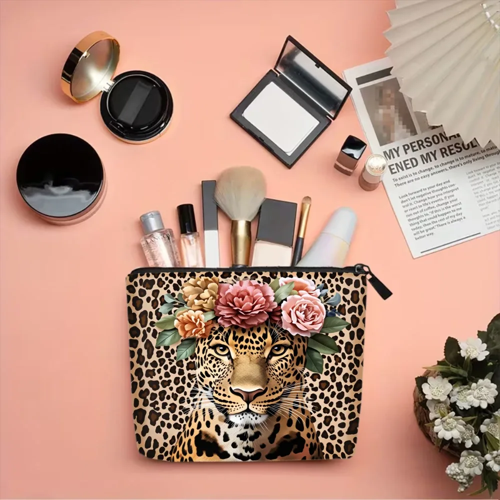 sacs de maquillage à motif léopard avec couronne florale pour filles, pochette à cosmétiques, trousse de toilette, trousse à crayons, rangement de voyage