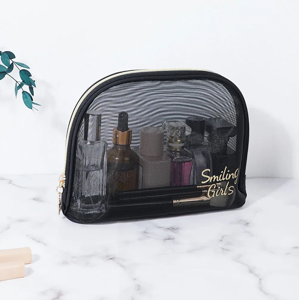trousse de maquillage en maille noire de grande capacité pour femme, trousse de toilette décontractée à fermeture éclair, sac à cosmétiques de voyage