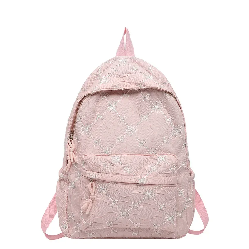 sac à dos matelassé ailes d'ange mignon, sac d'école en nylon à la mode, motif brodé élégant, sac à dos décontracté, sac de voyage quotidien spacieux