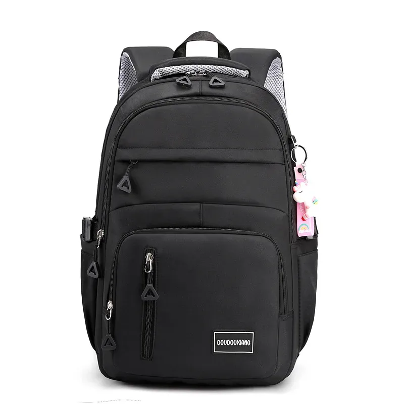 sac à dos d'école en nylon avec pendentif pour fille, cartable de voyage, multi-poches, imperméable, décontracté, style simple, pour adolescent