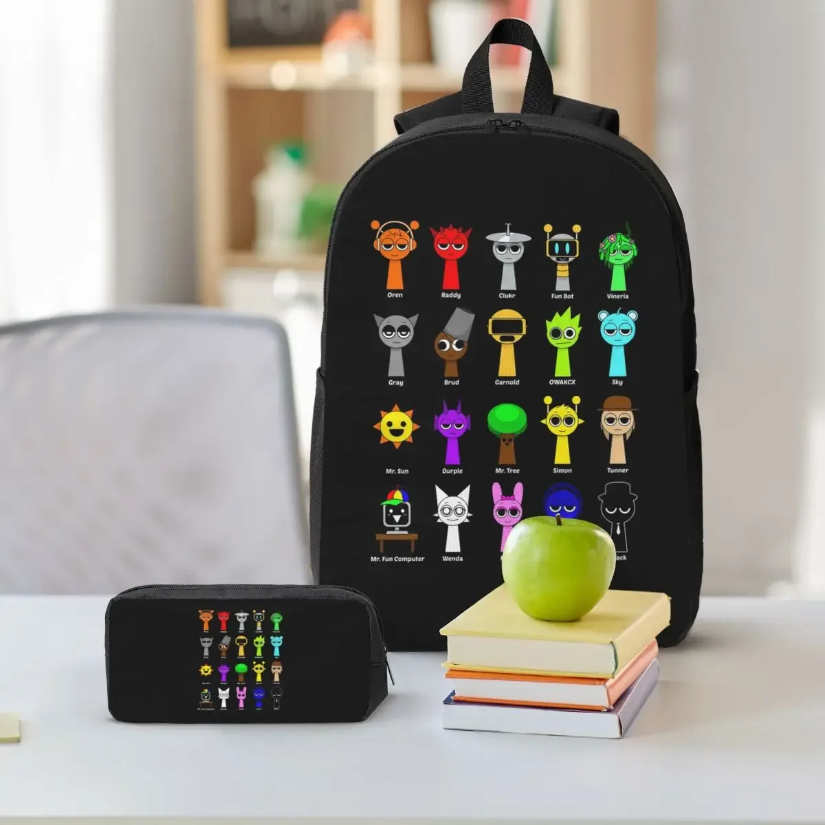 sac à dos scolaire pour étudiants garçons et filles, sac à dos pour ordinateur portable, sacs à bandoulière, ensemble de 3 pièces avec sac à lunch isotherme et trousse à crayons, motif all my sprunki game toys