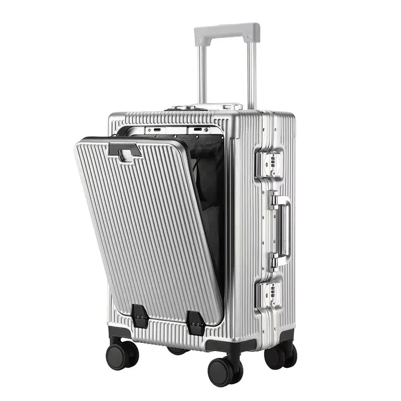 valise à cadre en alliage d'aluminium, poche d'ouverture avant avec prise de chargement usb, sac de boîtier de chariot à bagages roulant avec roue rotative