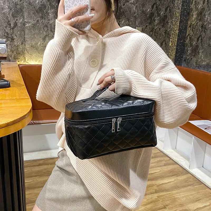 sac de maquillage de voyage de mode, grande capacité, noir, fil à broder en pu, grille de diamant, sac de toilette, sac de rangement de maquillage