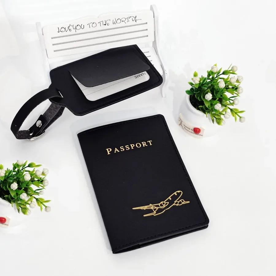 couverture de passeport d'avion, étiquette de bagage avec nom, carte d'identité, portefeuille en cuir pu anti-perte, accessoires de voyage pour les amateurs de vol, 2 pièces/ensemble