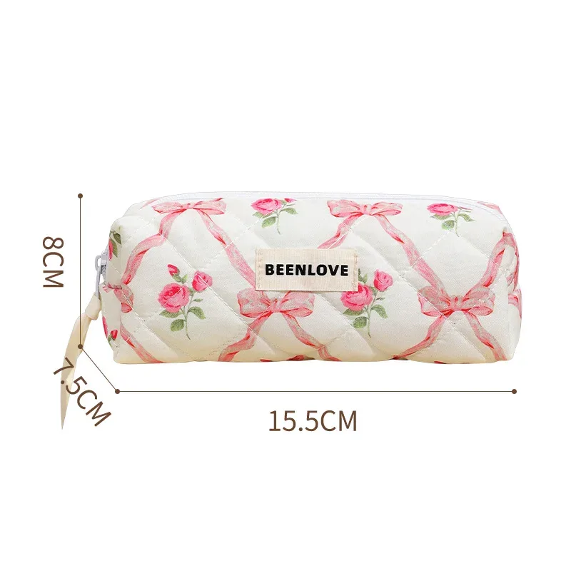 trousse de maquillage en coton matelassé avec nœud et fleur, sac cosmétique zippé pour femme, sac à main en tissu portable pour filles
