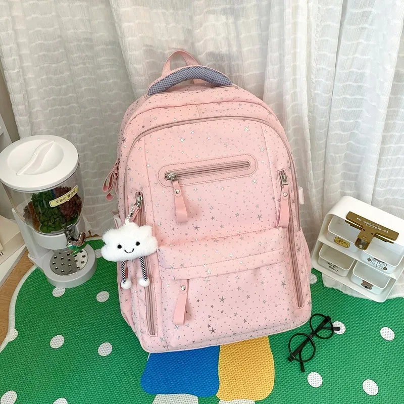 sac à dos de grande capacité de couleur unie, multifonctionnel, léger, respirant, sac d'école pour étudiants, sac à dos de voyage à la mode avec imprimé étoile