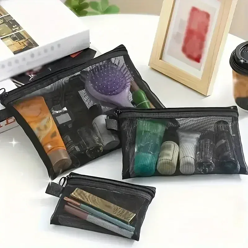 24-1pcs sacs cosmétiques transparents en maille pour femmes, trousse de maquillage noire, organiseur de voyage portable, étui de rangement pour rouge à lèvres, pochette cadeau
