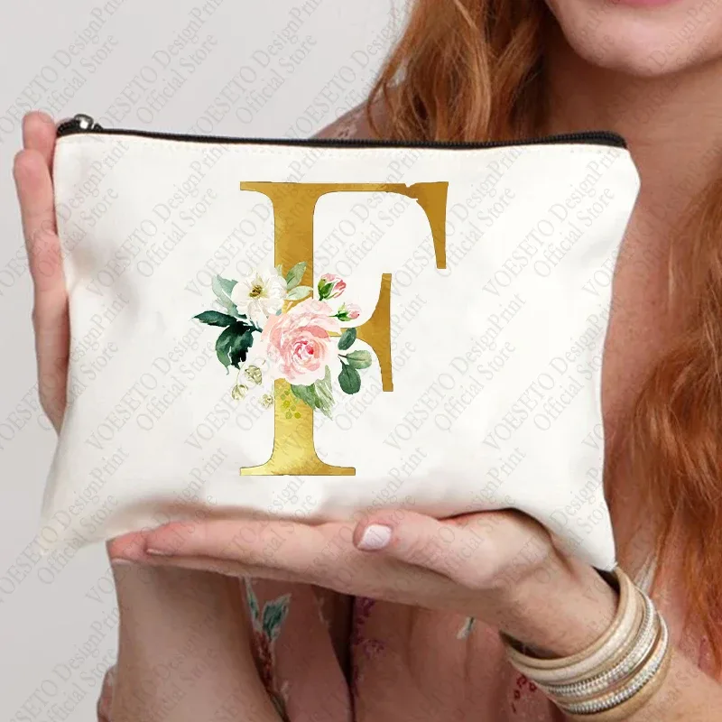 sac à fermeture éclair à motif initial pour femme, trousse de maquillage cosmétique, poudres de toile de bain de mariage, sacs de rouge à lèvres de voyage, cadeau de fête d'enterrement de vie de jeune fille