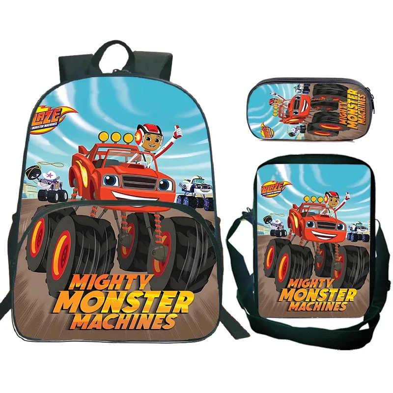 sac à dos blaze and the monster machines, 3 pièces, sac d'école pour enfants avec sacs à bandoulière, trousse à crayons, sac à dos blaze car pour garçons et filles
