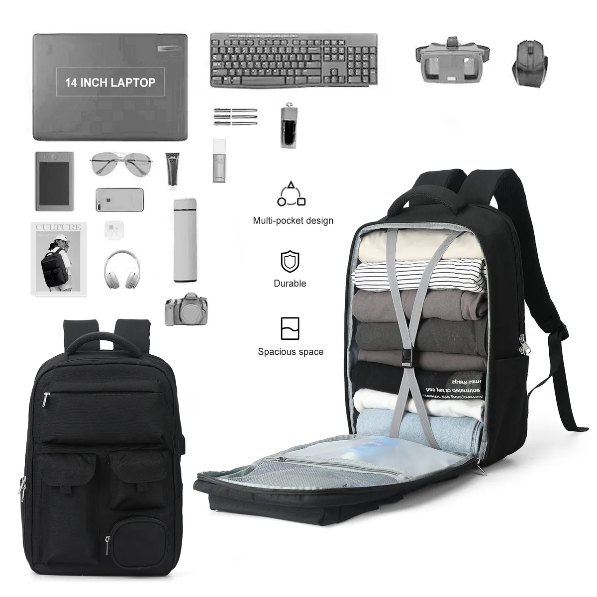 sac à dos de voyage à main, grands sacs à dos pour ordinateur portable de 15,6 pouces pour hommes et femmes, sacs à dos d'université durables et résistants à l'eau, sac d'avion