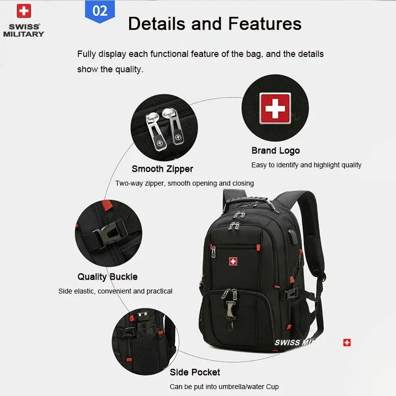 swiss militaire mode voyage multifonction grande capacité mâle sac usb charge étanche 23 pouces sac à dos pour ordinateur portable hommes mochila