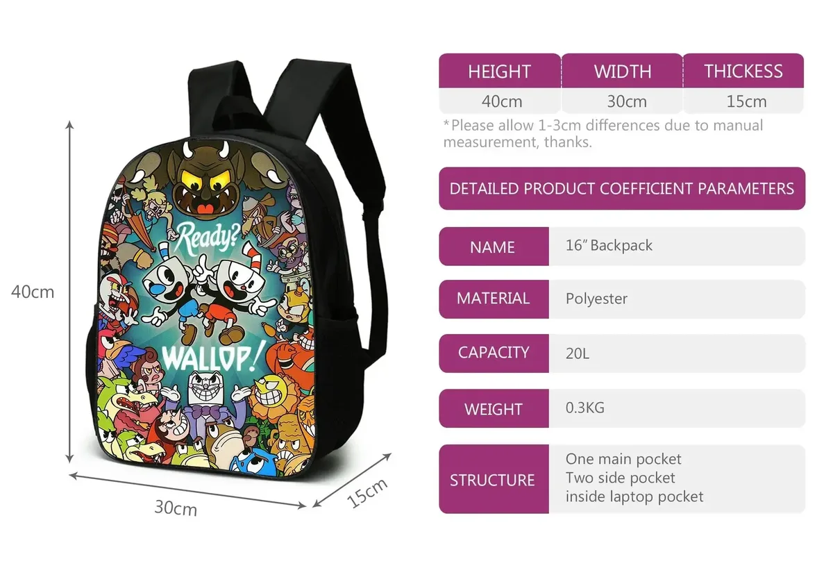 Cuphead Anime 3 pièces/ensemble sac à dos étudiant école sac à bandoulière enfants mignon voyage sac à dos enfants cadeau d'anniversaire