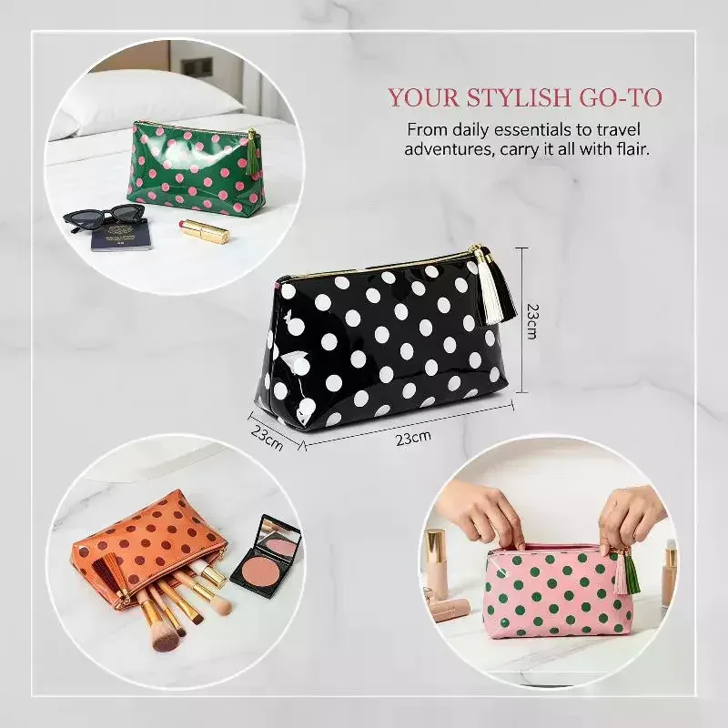 sac à cosmétiques rétro à pois en pvc, sac de maquillage avec franges et fermeture éclair, trousse de toilette de voyage étanche, étui pour pinceaux de maquillage