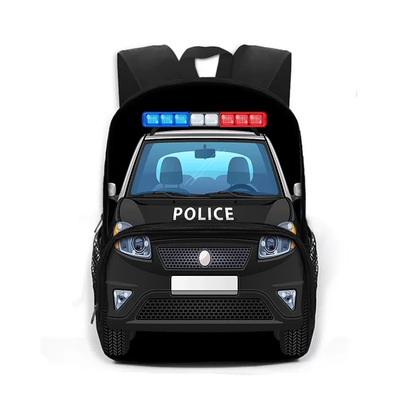 sac à dos imprimé dessin animé de police, voiture, bus, pelle, camion, sac de jour pour enfants, sac de livre pour écoliers de maternelle