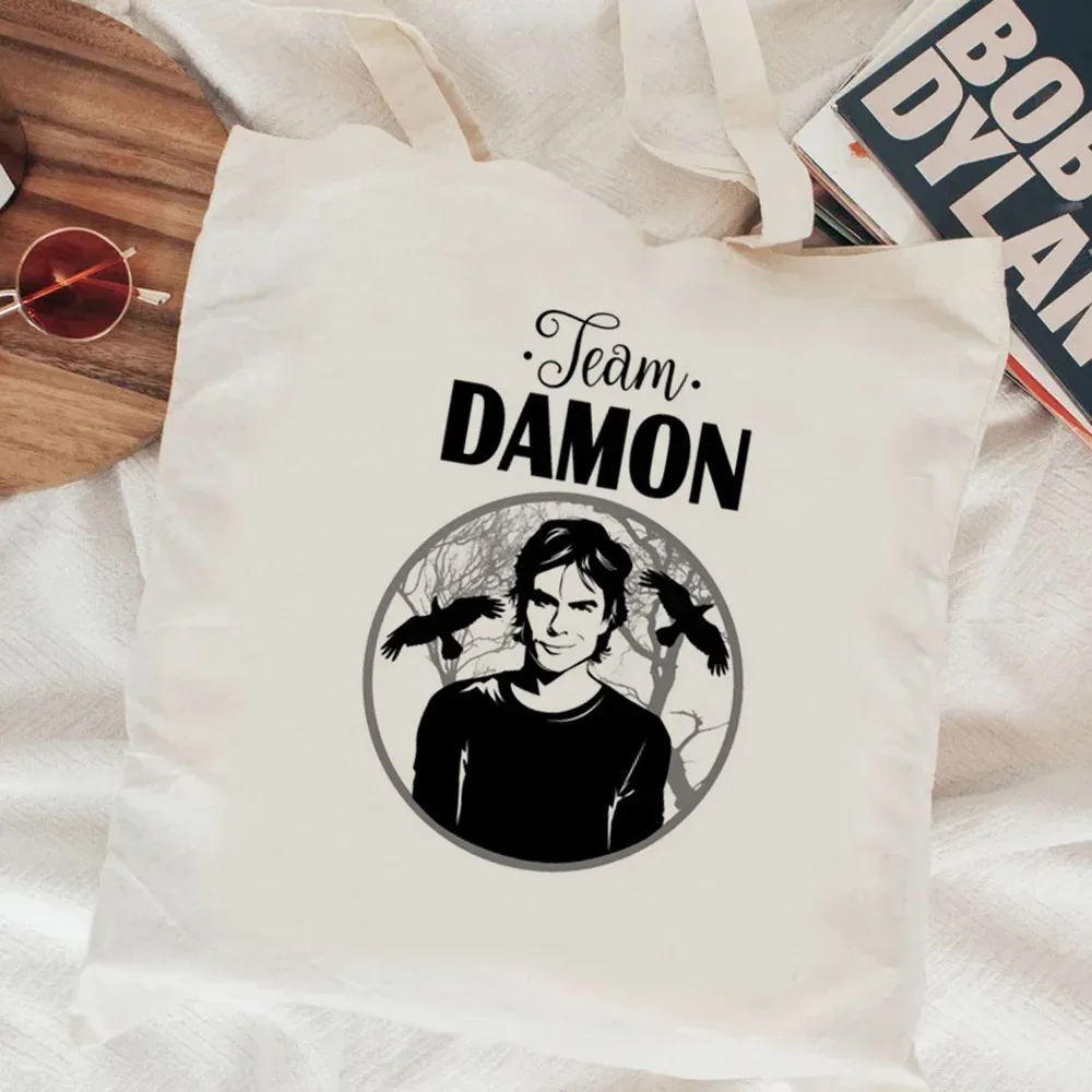 sac fourre-tout en toile the vampire diaries, sac de courses pliable en tissu, sac de supermarché, sacoche en toile à cordon