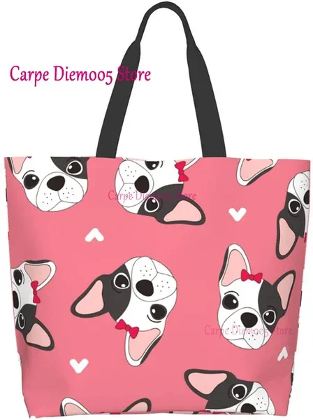 sac fourre-tout grande capacité pour femme, sac d'épicerie pour femme, bouledogues français mignons, initié