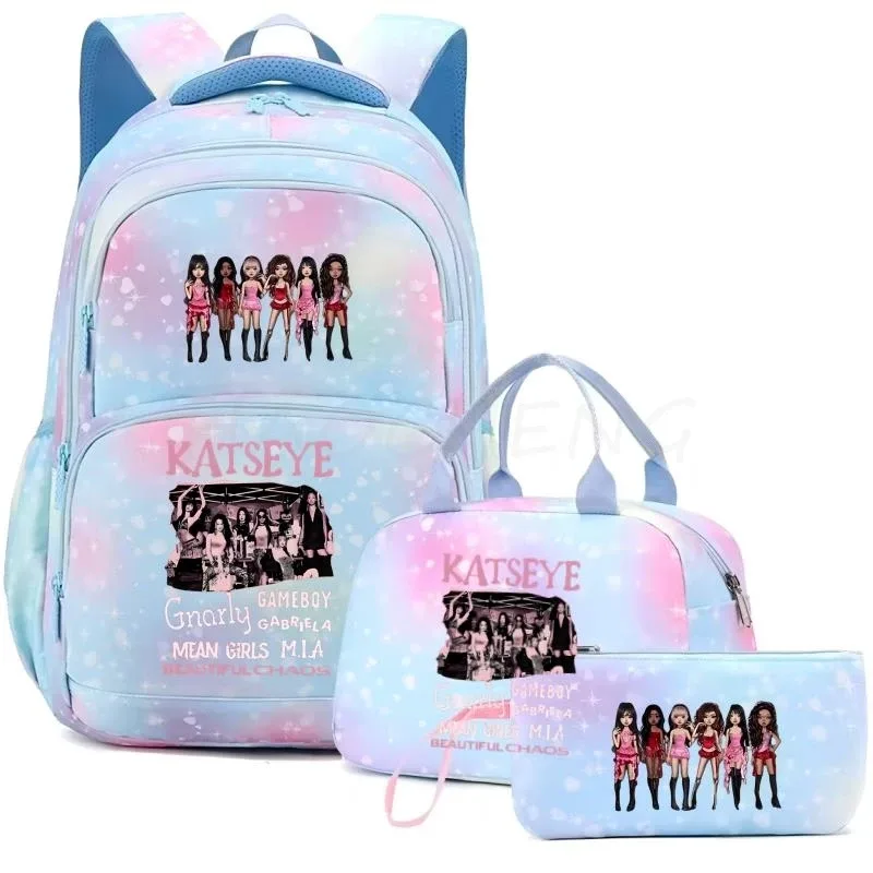 sac à dos katseye pour femmes, 3 pièces/ensemble, sac d'école pour étudiants, grande capacité, sac de voyage en plein air, sac d'école pour étudiants avec dessin animé