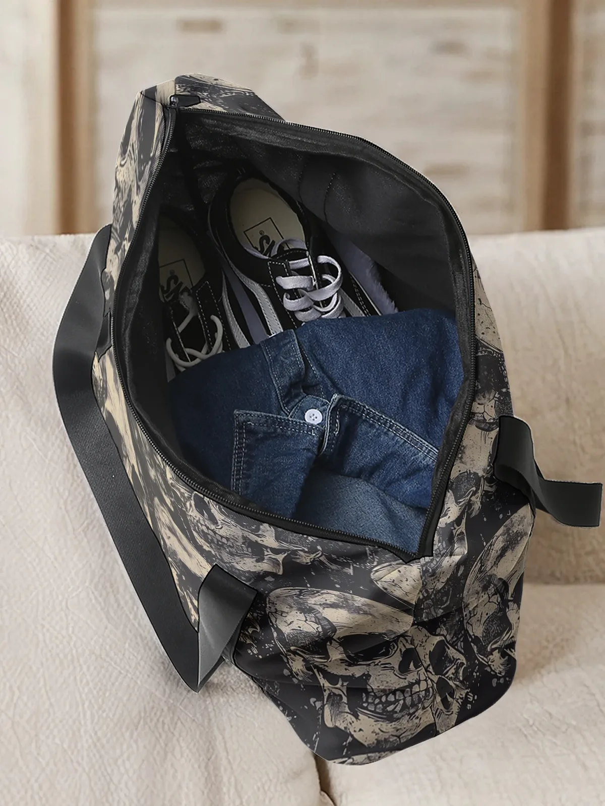 grand sac fourre-tout vintage à imprimé crâne, sac à main à bandoulière, avec larges sangles de rangement pour les voyages, la plage, le shopping, la salle de sport et les trajets quotidiens