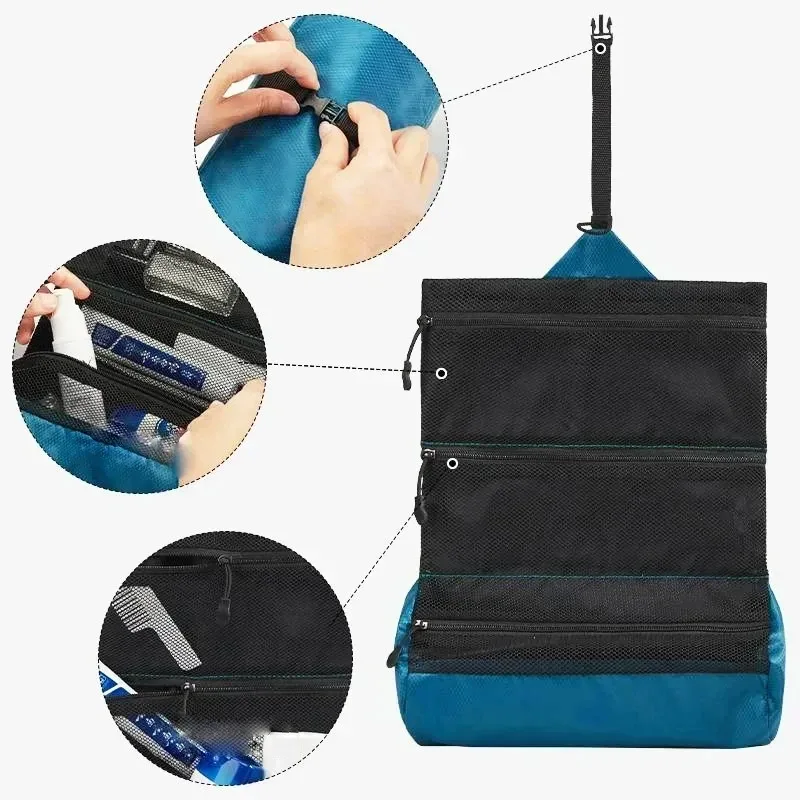trousse de toilette pliable de voyage pour hommes, pochette de rangement de lavage portable avec séparation sèche et humide, trousse de maquillage étanche pour femmes