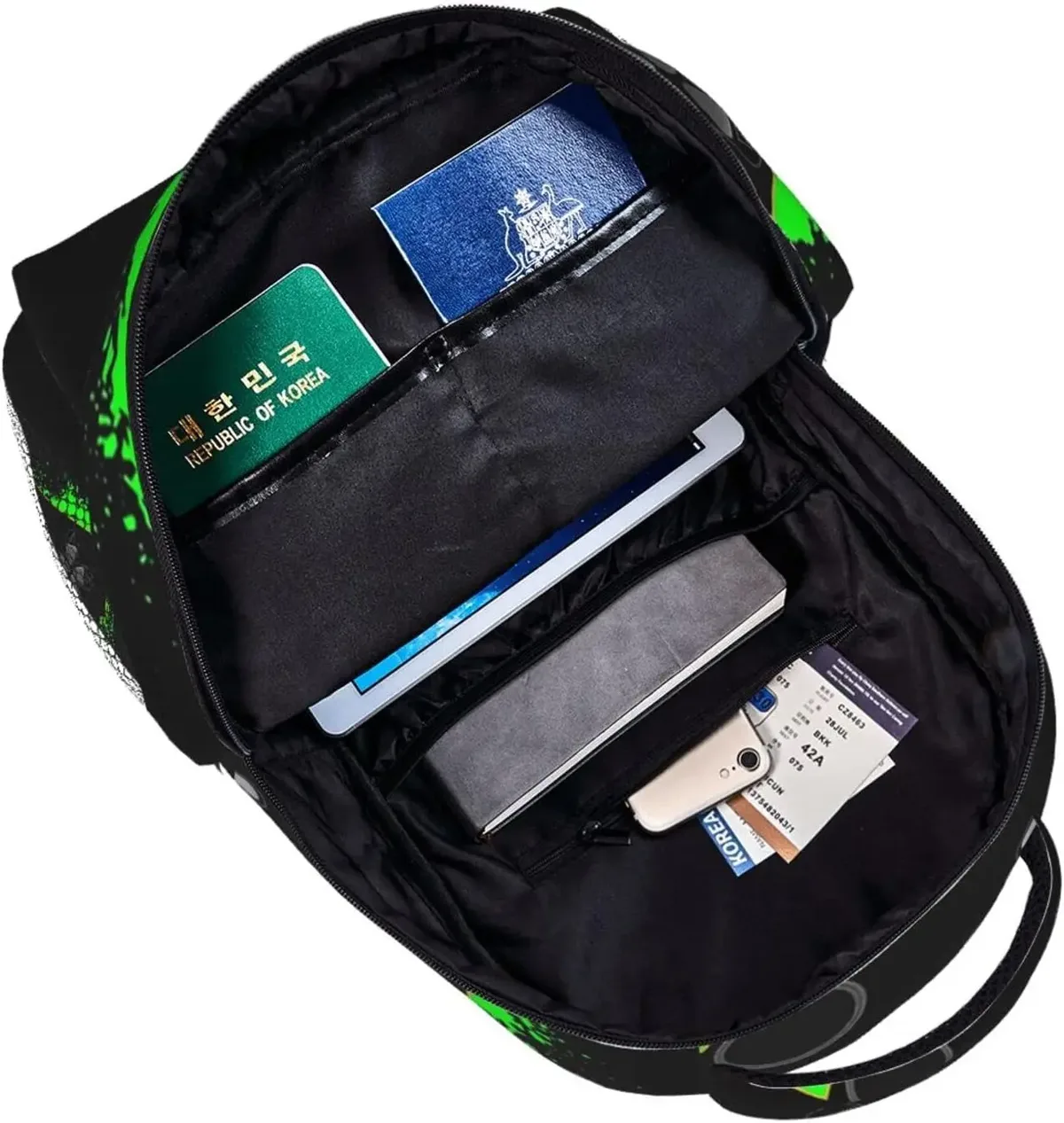 sac à dos décontracté avec poches pour ordinateur, sac à dos pour le travail et les affaires, vert, noir, contrôleur de jeu, contour orange