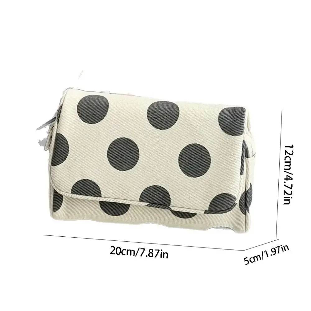 sac cosmétique portable en toile à pois, grande capacité, sac de rangement pour bijoux à rayures avec miroir de maquillage, multifonctionnel