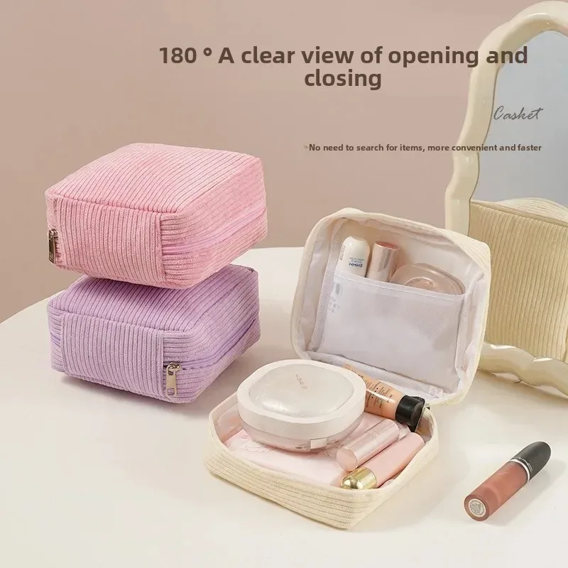 sac de maquillage mignon en velours côtelé pour femmes, petit sac de voyage portable, sacs cosmétiques de couleur unie, sac de toilette à fermeture éclair, pochette de rangement
