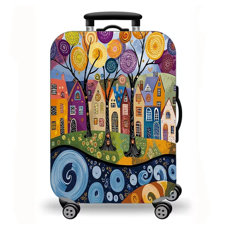 housse de bagage, housse de protection extensible pour valise avec imprimé artistique folklorique de ville de conte de fées colorée, housse de bagage de voyage lavable et anti-rayures