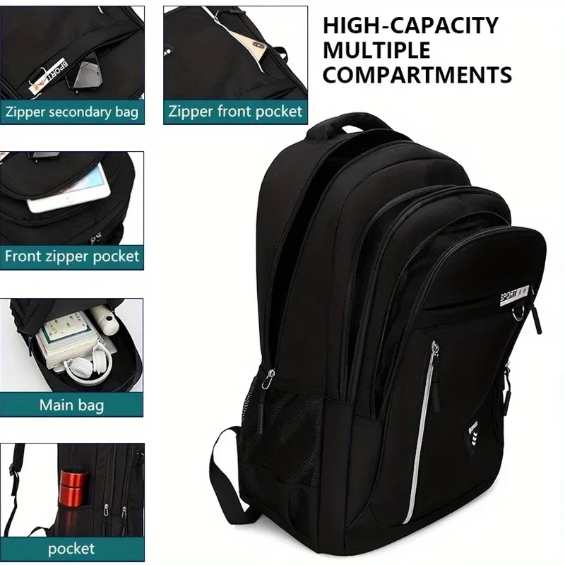 sac à dos noir sportif tendance avec détails multicolores pour un usage quotidien, voyage scolaire, sac pratique et durable de grande capacité