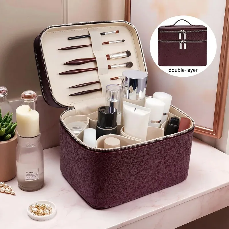 sac de maquillage double couche, organiseur professionnel pour outils de soin de la peau, boîte de rangement multi-compartiments, sac cosmétique de voyage portable, pour la salle de bain
