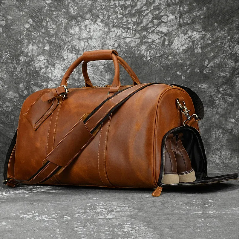 nouveau sac à main vintage en cuir crazy horse, sac de voyage et de sport 20 pouces avec compartiment à chaussures