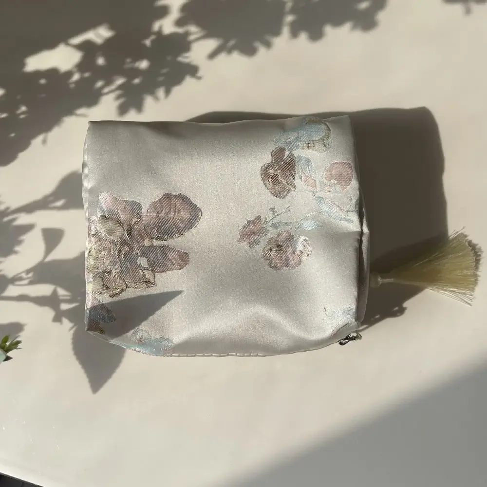pochette cosmétique respirante en polyester, broderie florale style chinois, fermeture éclair, sac de rangement pour voyage