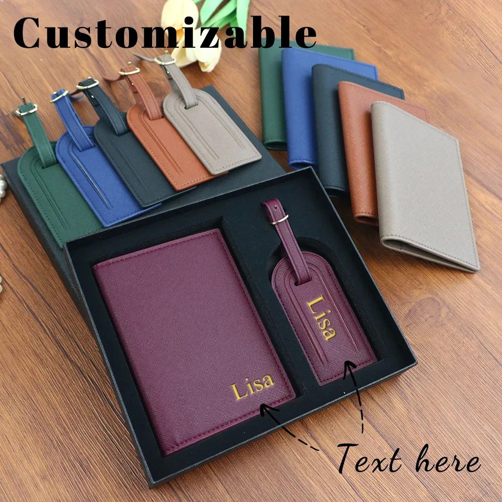 Ensemble personnalisé avec nom, porte-passeport et étiquette de bagage en cuir PU Safiano unisexe, coffret cadeau