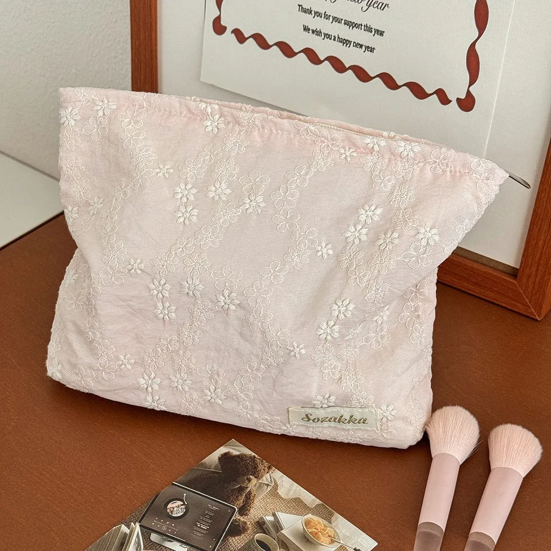 sac de rangement portable haut de gamme pour rouge à lèvres et soins de la peau yt, grande capacité, motif floral tridimensionnel, sac de maquillage