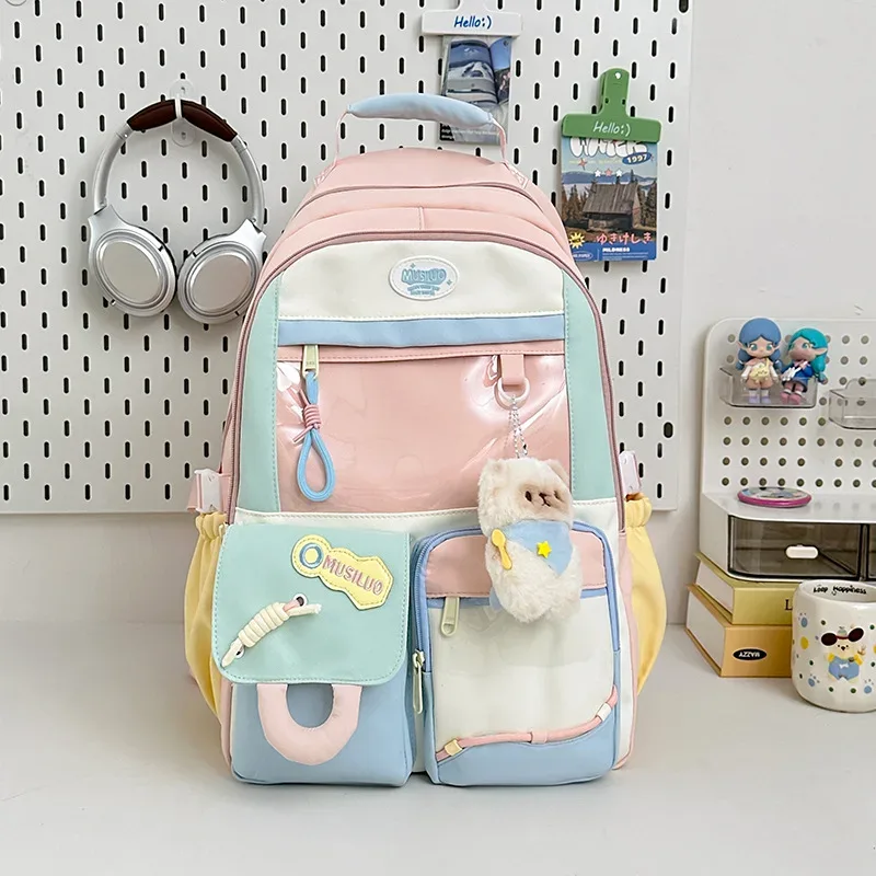sac à dos scolaire grande capacité en nylon, imperméable et résistant à l'usure, pour filles du collège, léger et élégant