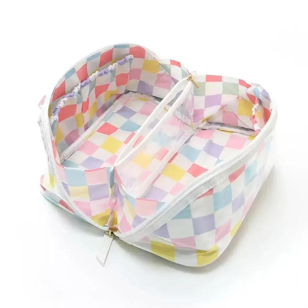 sac de maquillage imperméable en pvc, double fermeture éclair, sac de rangement cosmétique à rayures en damier, sac de toilette de voyage grande capacité