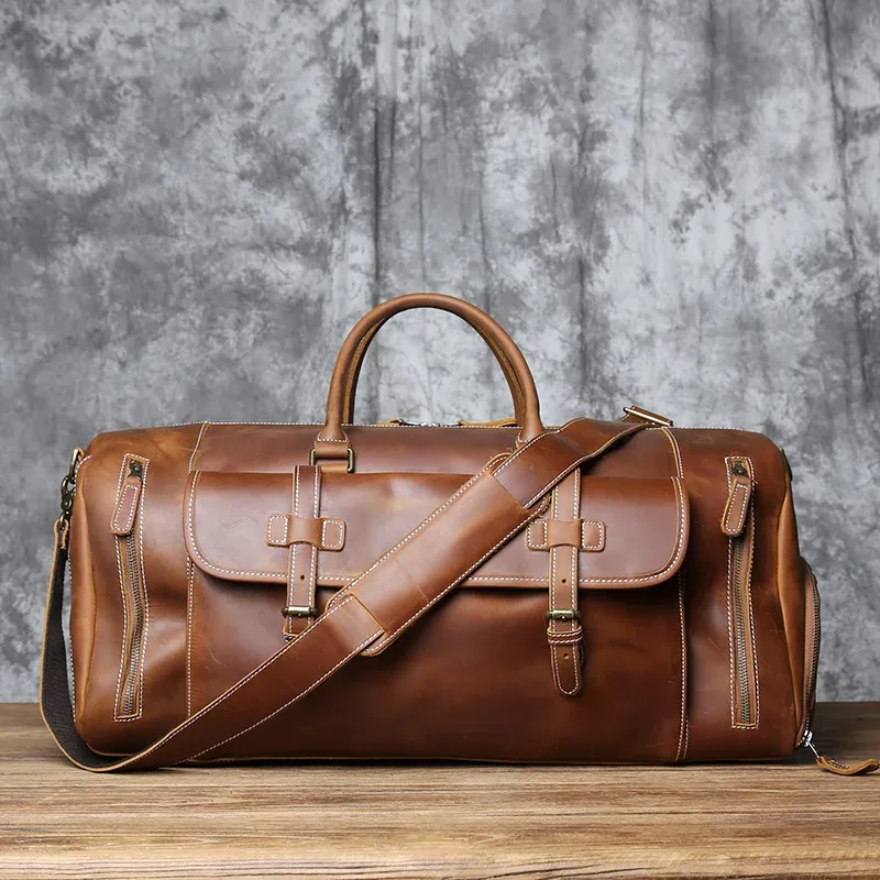 sac de voyage vintage en cuir véritable pour hommes, sac polochon en cuir de cheval fou, grande capacité, couche supérieure en peau de vache, sac à bandoulière nzpj