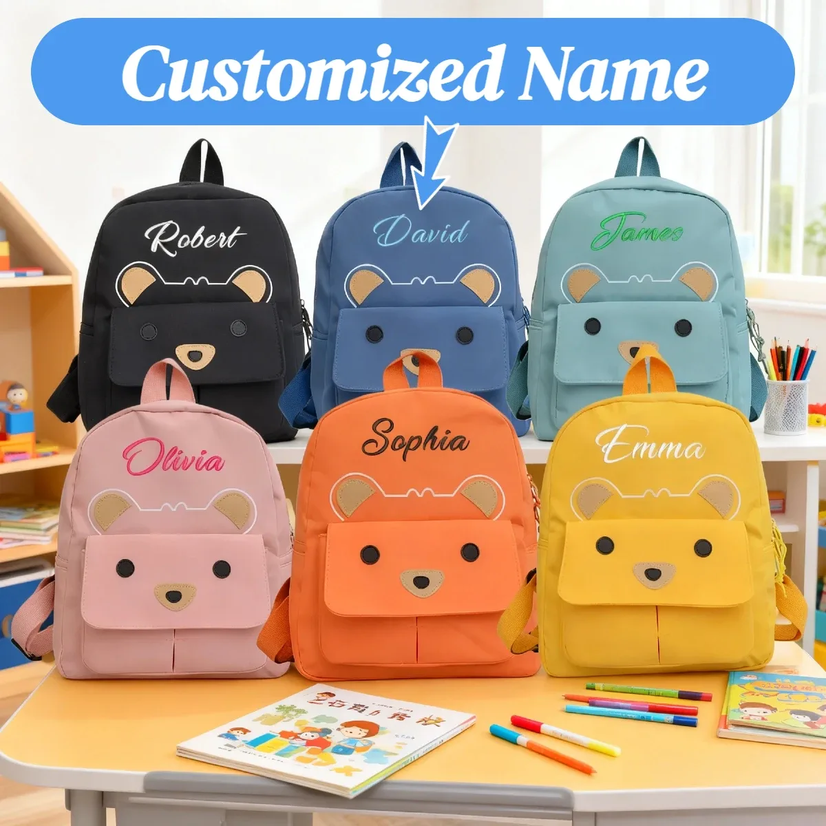 Sac à dos de maternelle brodé avec un ours mignon, sac d'école personnalisé avec nom pour enfants, idéal pour l'école, les voyages quotidiens, cadeaux de rentrée scolaire pour enfants.