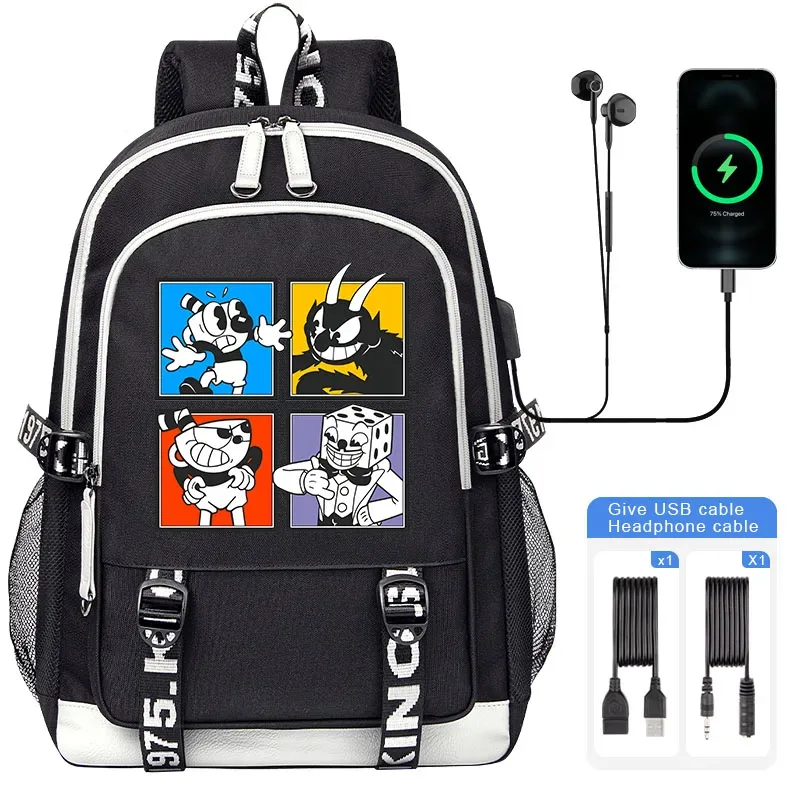 cuphead mugman sacs d'école pour adolescent usb charge sac à dos pour ordinateur portable garçons filles étudiant livre sac mochila sac de voyage
