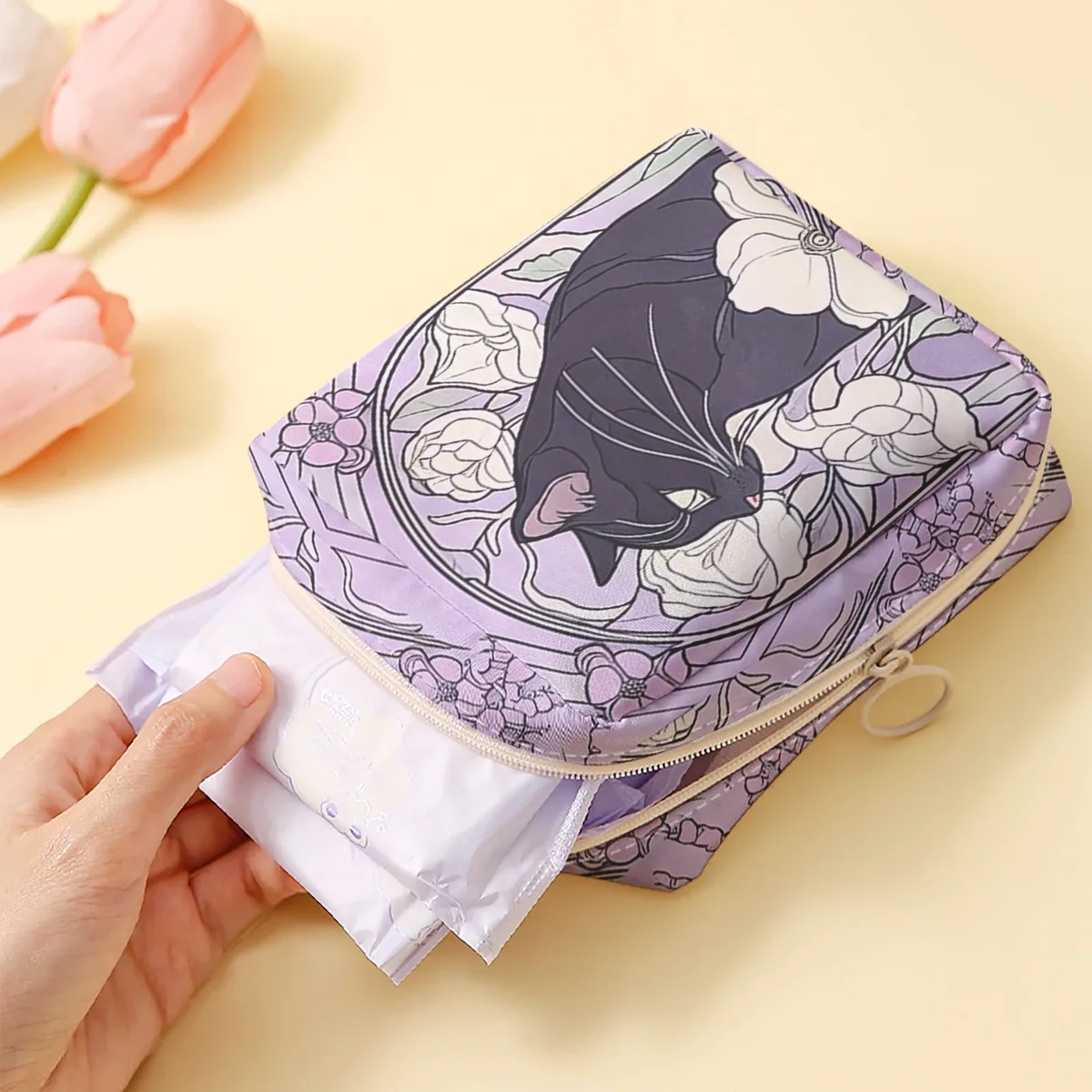 1 sac de rangement pour serviettes hygiéniques imprimé motif chat, sac léger pour mouchoirs pour femmes, sac pour mouchoirs hygiéniques