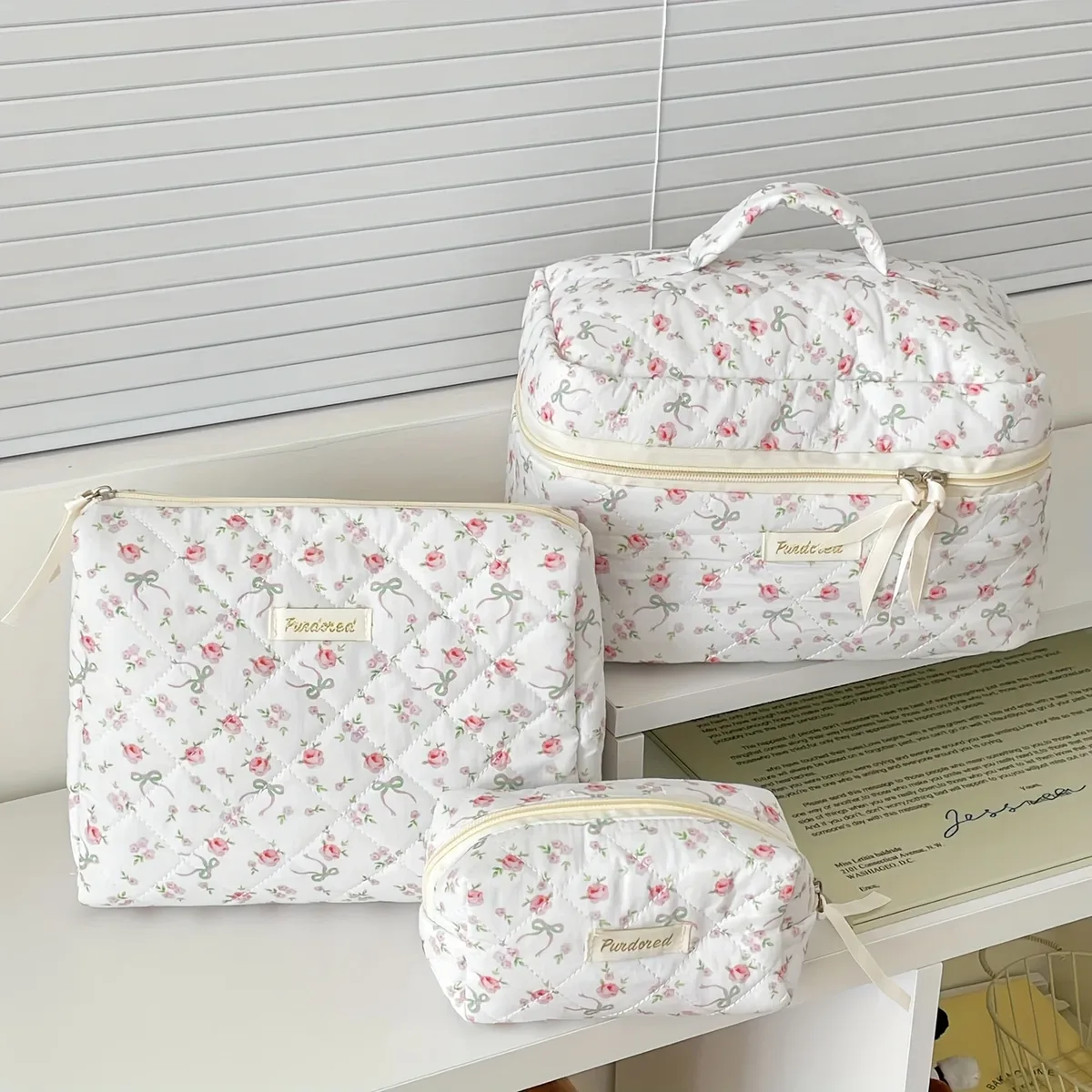 trousse de maquillage matelassurera en coton pour femme, trousse de toilette portable pour fille, sac à main à fermeture éclair pour femme, trousse cosmétique, évaluation, gril, 3 pièces