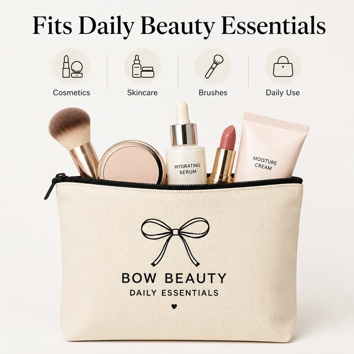 trousse de maquillage en toile avec nœud pour femmes, pochette cosmétique portable avec fermeture éclair, organisateur de voyage pour articles de toilette, sac de rangement quotidien pour essentiels de beauté