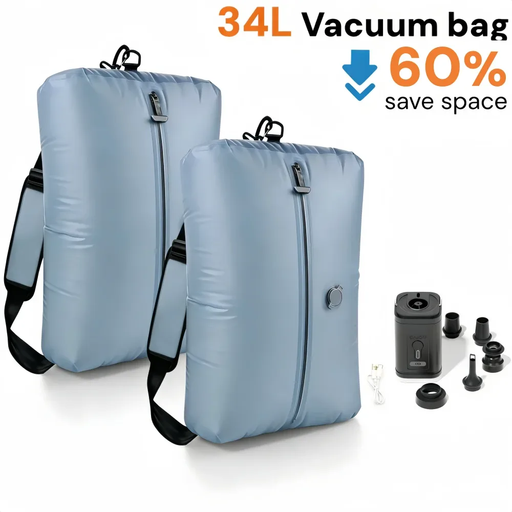 sacs de rangement sous vide 34l pour voyage, sacs de compression réutilisables pour l'extérieur avec pompe à air, organisateurs de vêtements, cubes d'emballage