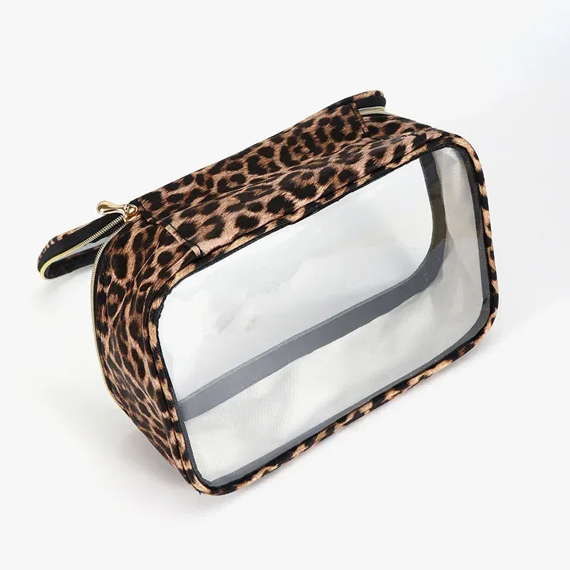 sac de maquillage transparent portable imprimé léopard, sac à cosmétiques de lavage étanche, grande capacité, rangement d'articles de toilette, organisateur de cosmétiques