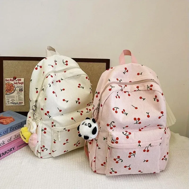 sac à dos en velours côtelé motif cerise pour femmes, sac de jour de voyage, sangle réglable, sac à dos pour ordinateur portable, fermeture éclair pour le travail, le shopping, l'école