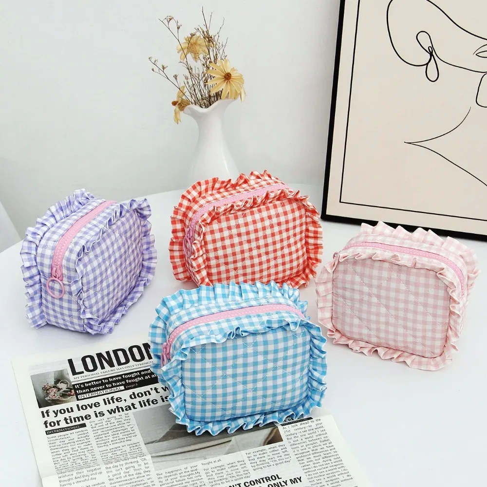 trousse de maquillage portable, design matelassé, motif à carreaux, sac de rangement pour pinceaux de maquillage, multifonctionnel avec fermeture éclair, trousse de toilette de voyage